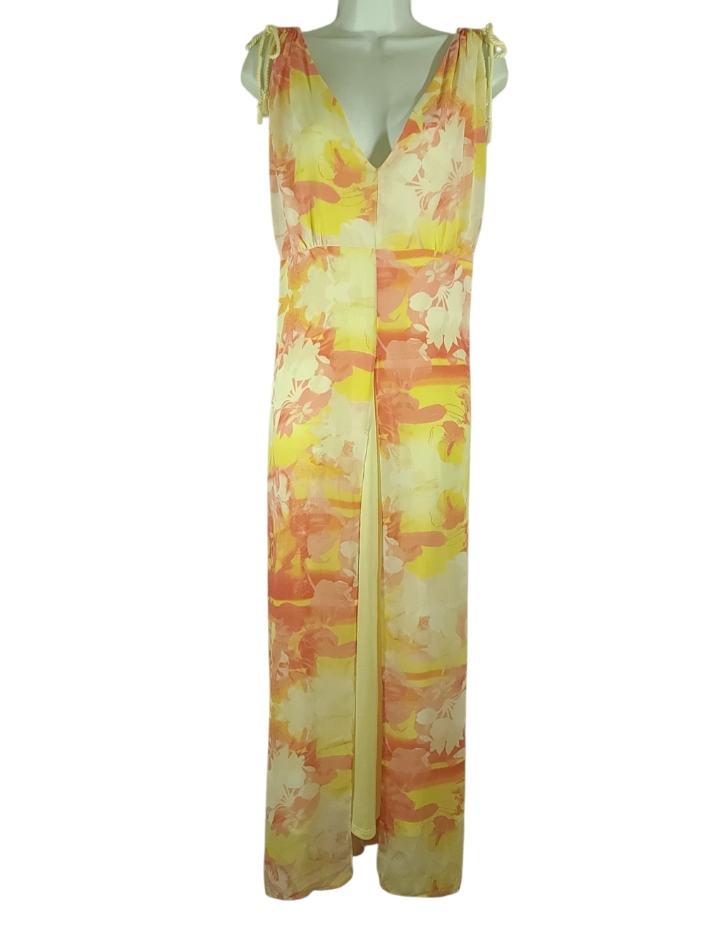 Lane Bryant chiffon maxi dress floral sunset pattern a plunging V Neckline Sz 16